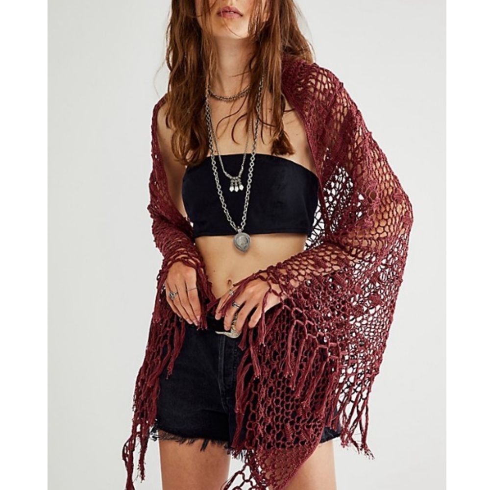 Free People Burgundy Crochet Fringe Shawl